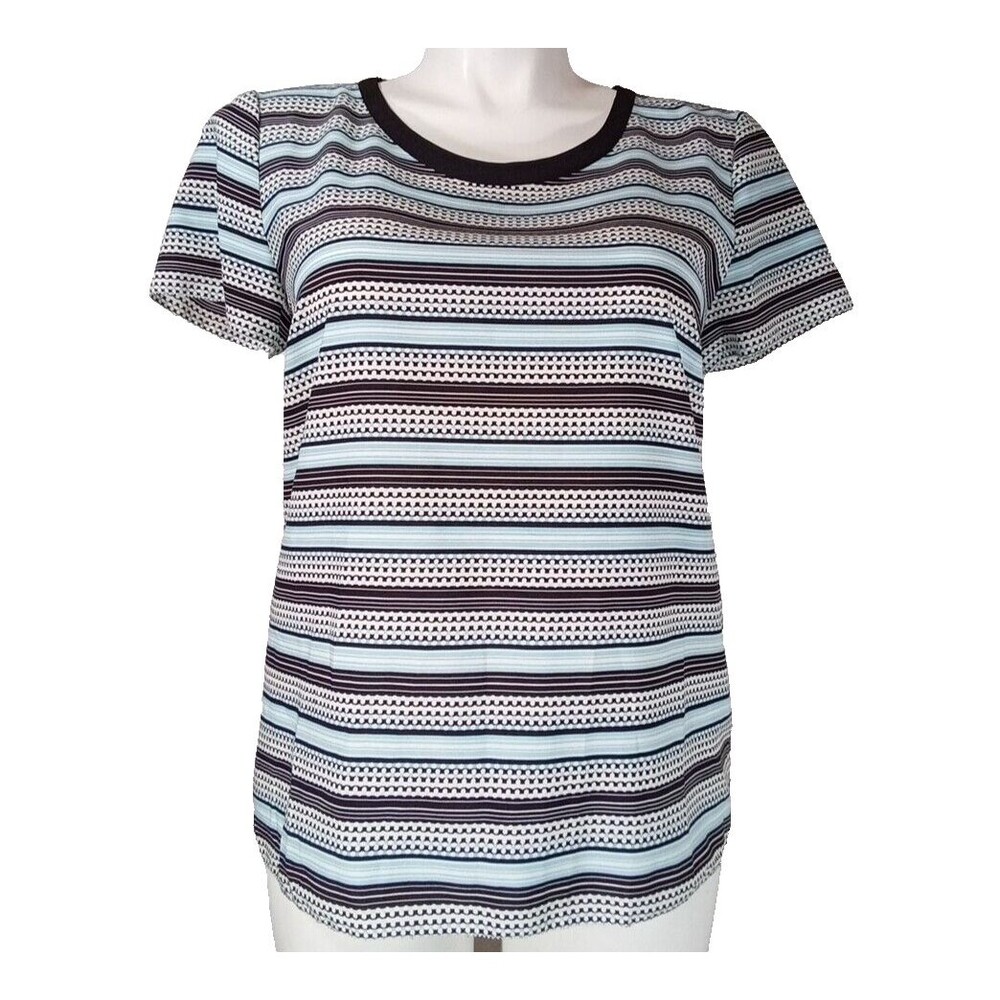 Talbots Blouse Size 14 Light Blue Black White Stripes Dots Short Sl Top Career